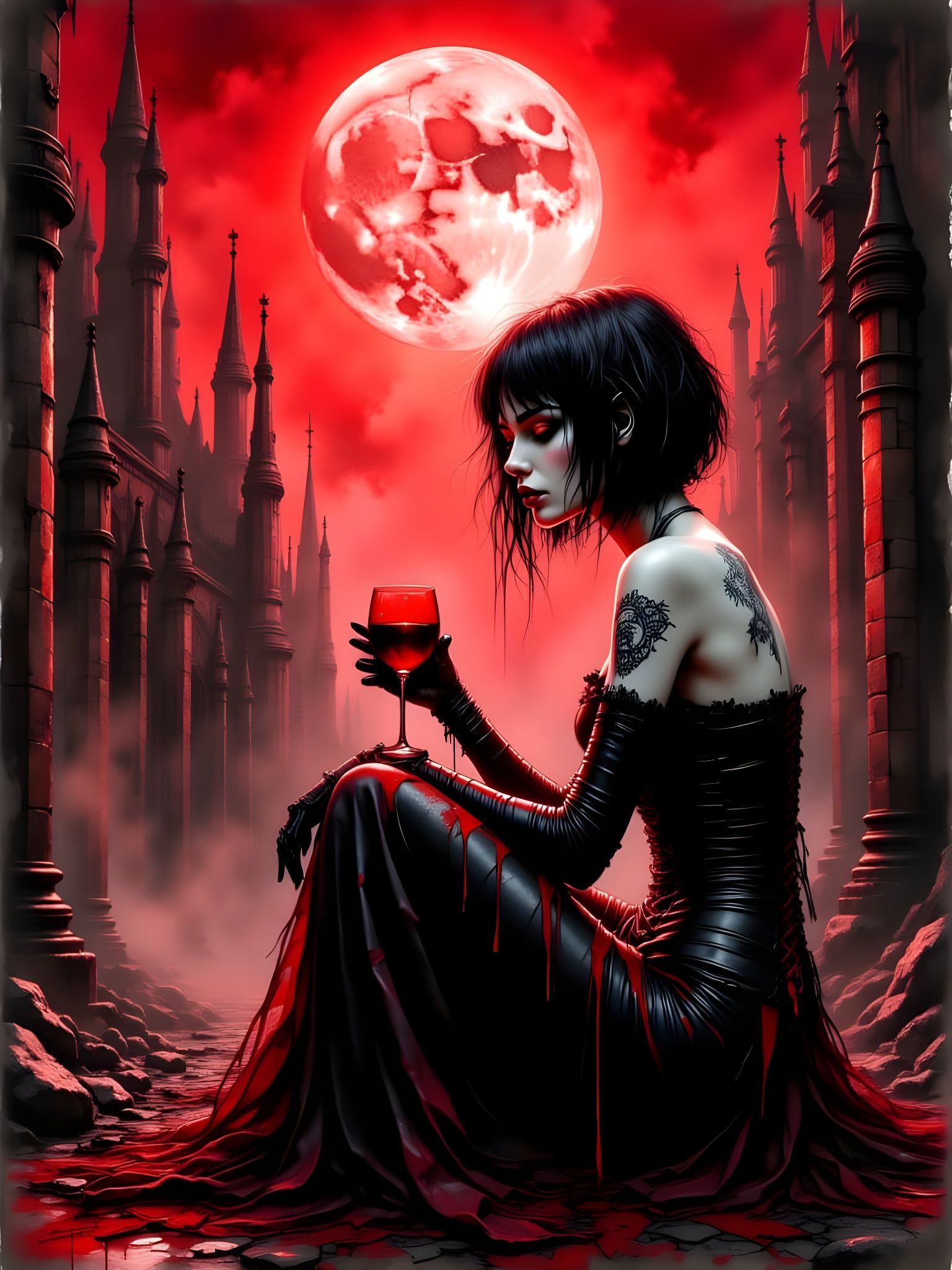 Gothic Vampire Queen by Blood Moon in Ruined Cathedral