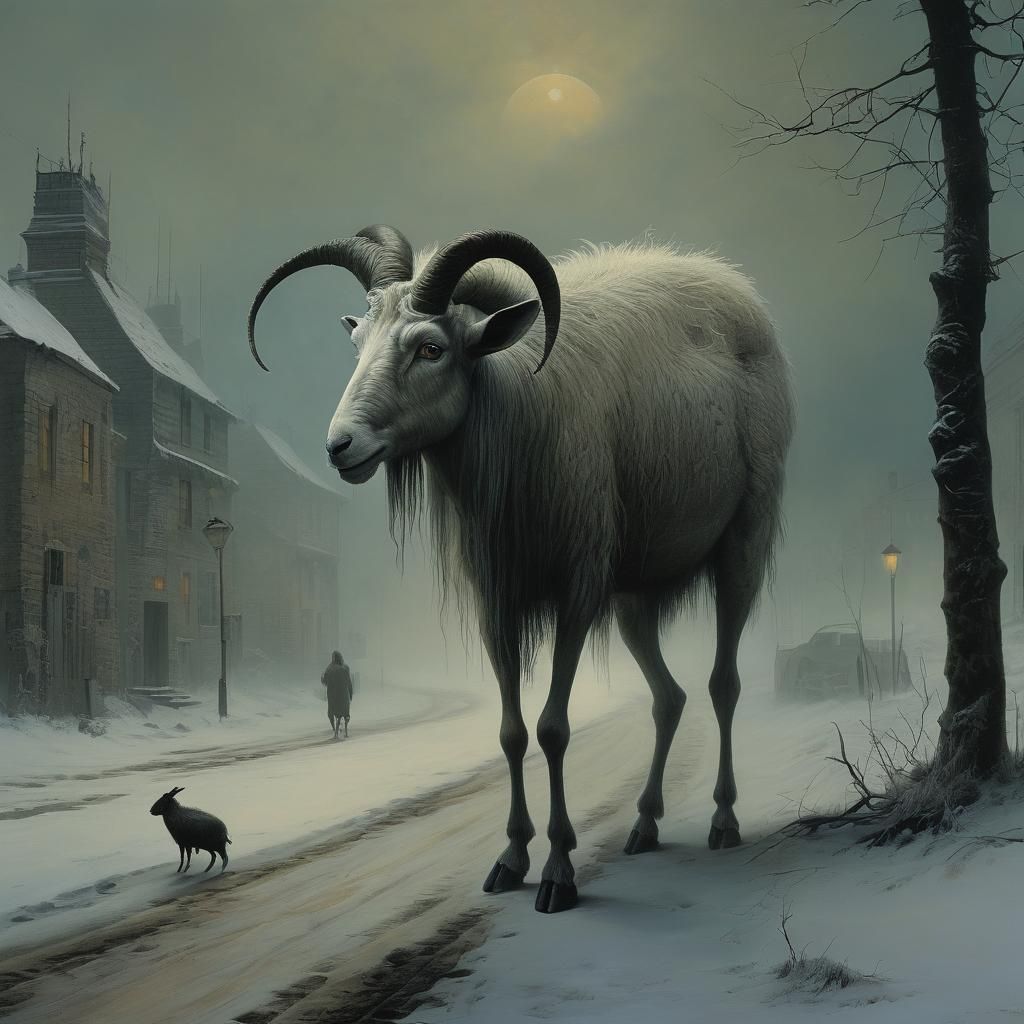 Surreal Sad Six-Legged Goat in Winter Fog