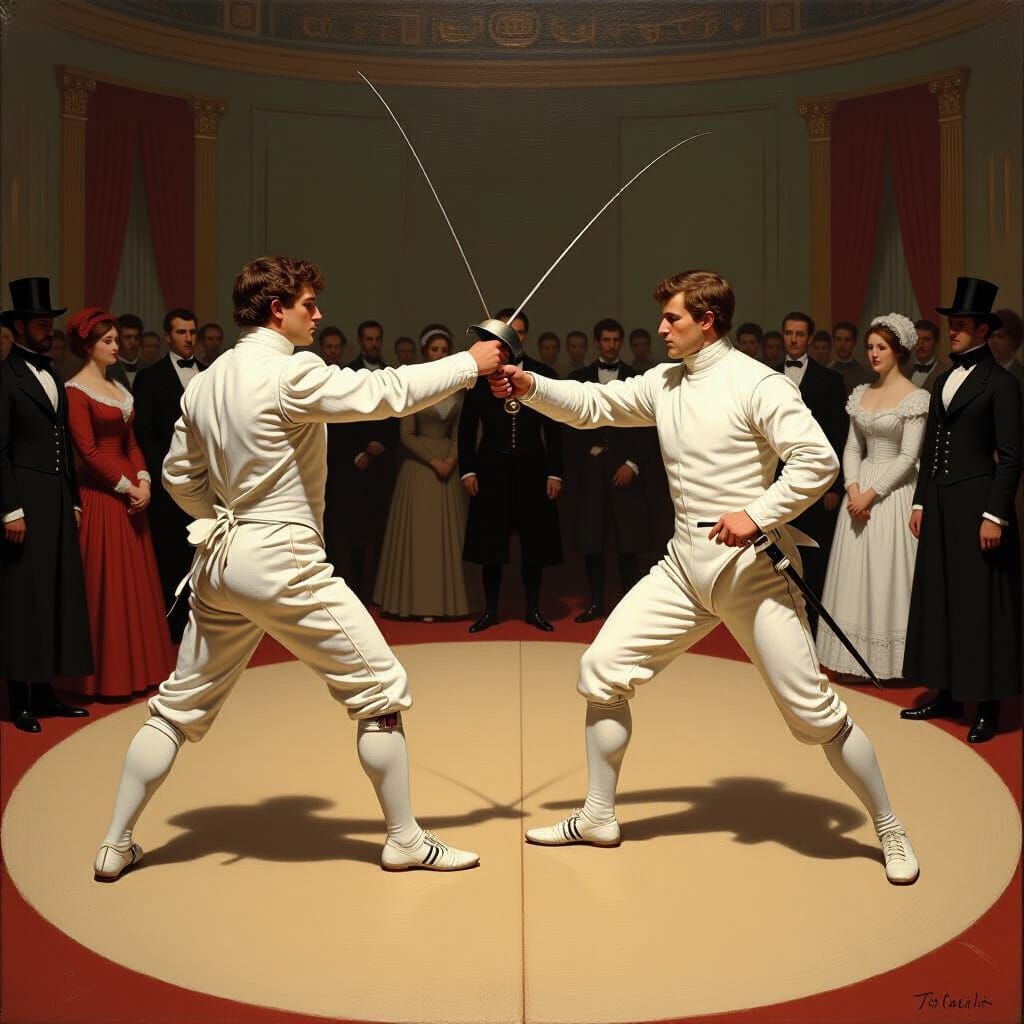 Victorian Fencing Match in Oil Painting Style
