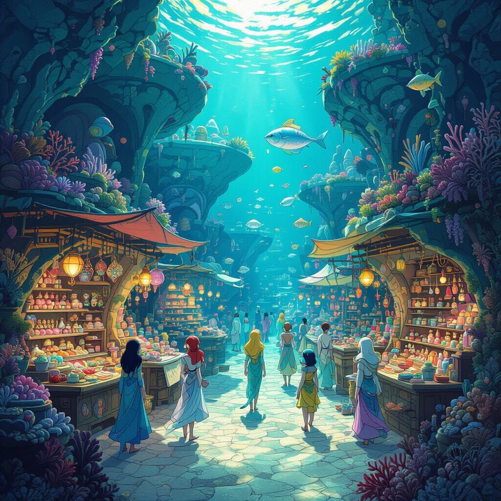 Underwater Coral City Marketplace with Merfolk