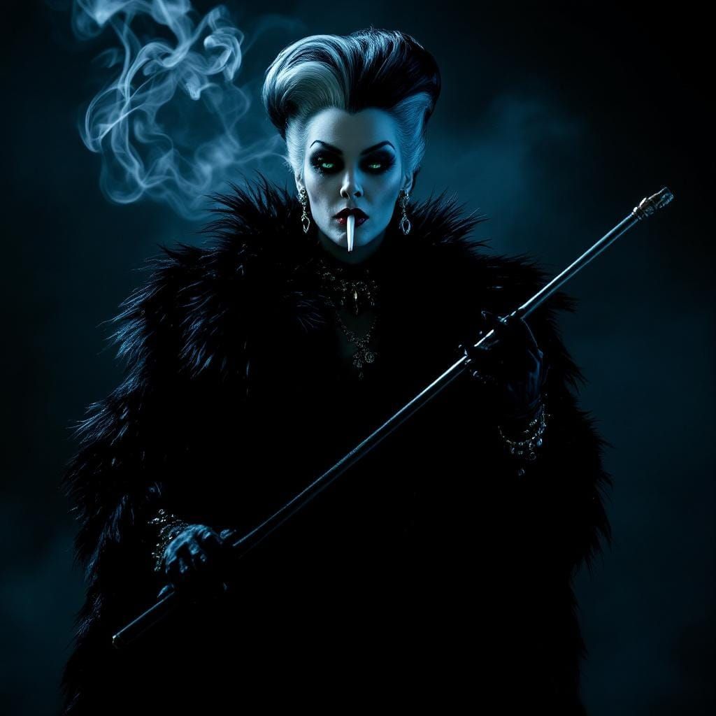 Cruella de Vil Smoking in Noir Film Style