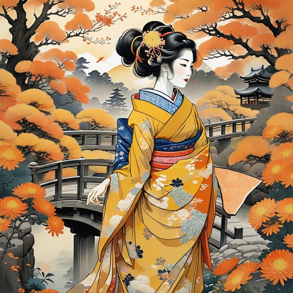 Ukiyo-e Geisha in Chrysanthemum Garden