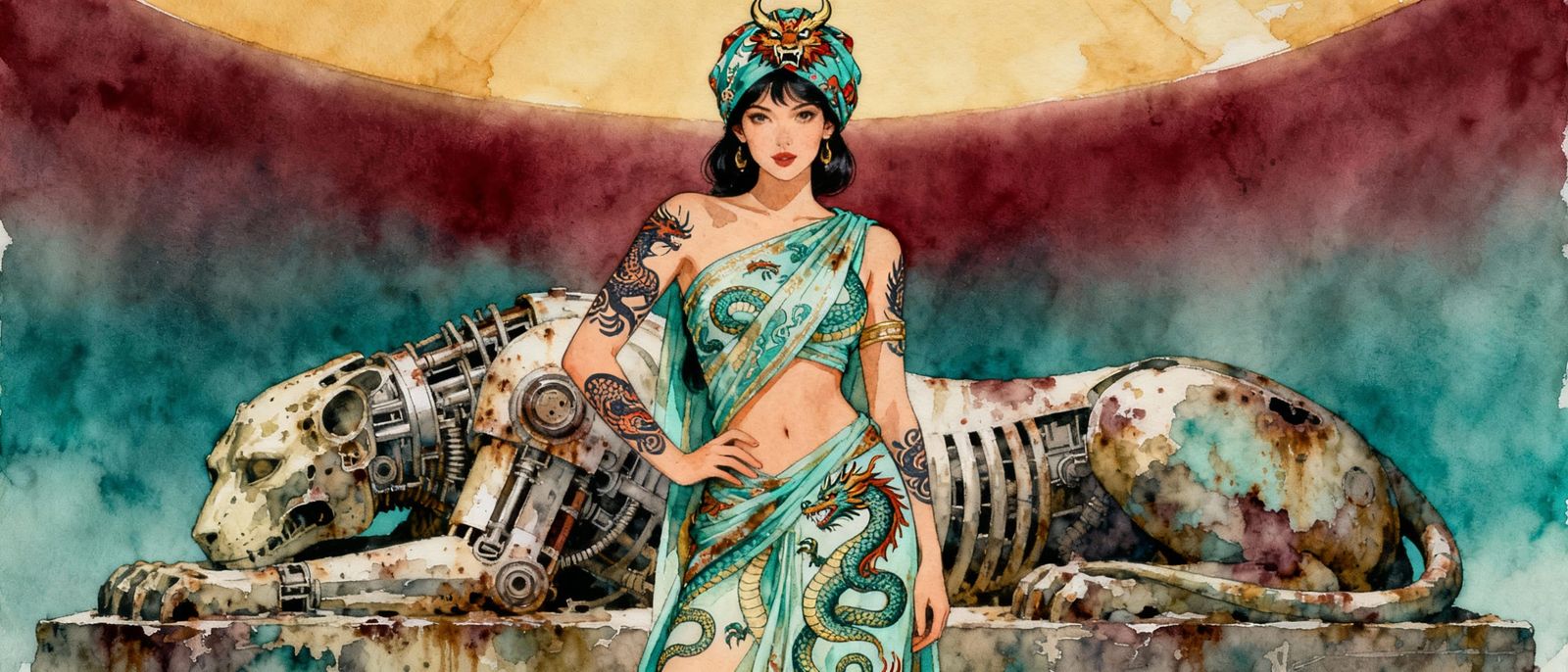 Woman in Mythical Attire Before Undead Sphinx