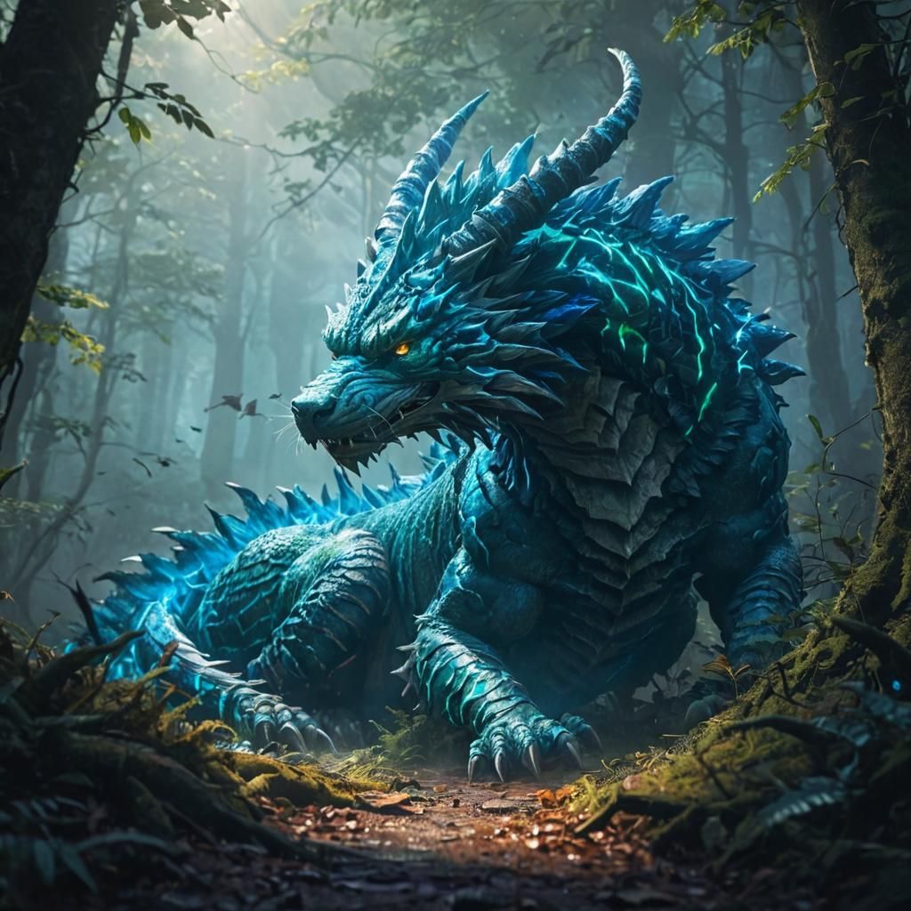 Neon Zinogre Lounging in Misty Forest