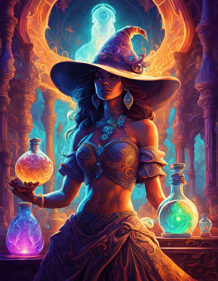 Voluptuous Witch Brewing Potions in Psychedelic Art Style