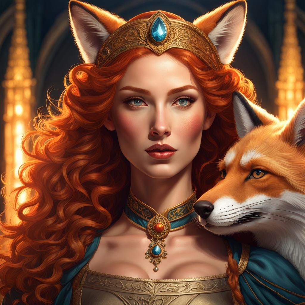 Fox-Faced Woman in Medieval Dress: Hyperdetailed Portrait