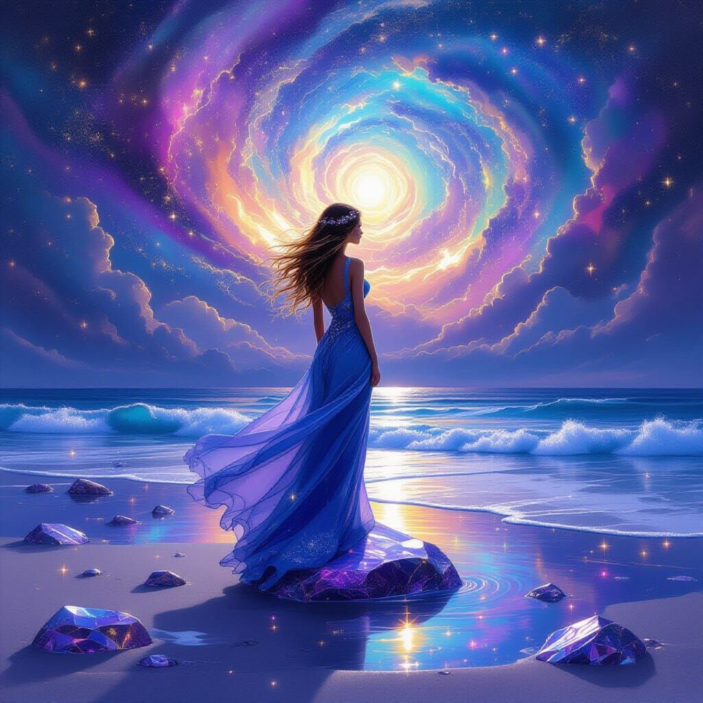 Woman with Starlight Hair on Crystal Beach