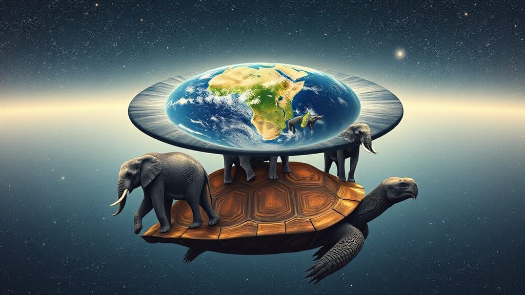 Flat Earth Disc Suspended by Majestic Elephants on a Cosmic...