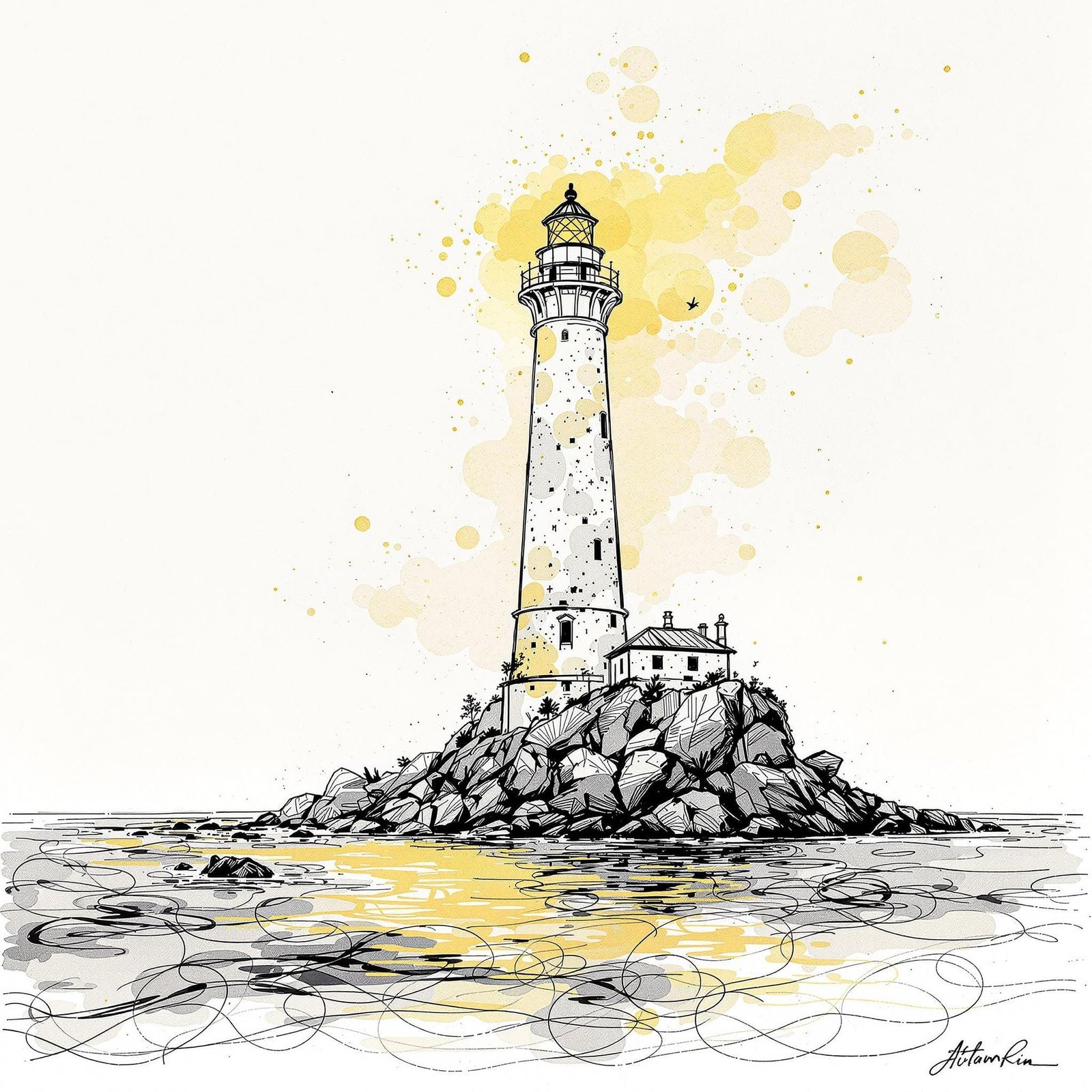 Lighthouse Line Art with Alcohol Ink and Gold Leaf