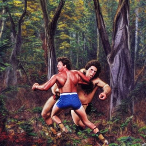 Seinfeld and Kramer Forest Fight as Oil Painting