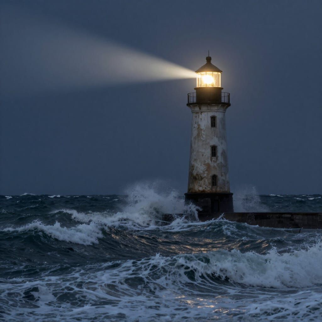 Lighthouse Beacon in Stormy Sea