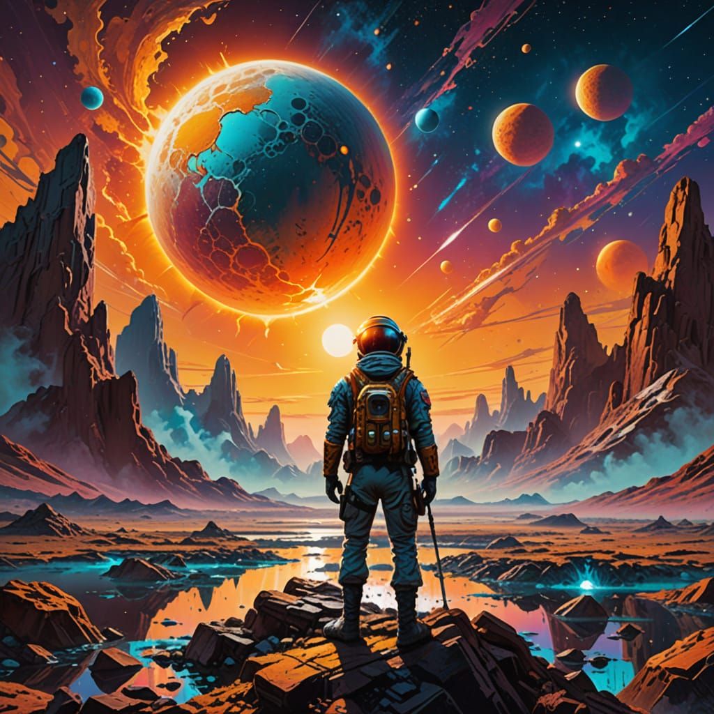 Retrofuturistic Explorer on Distant Moon with Twin Suns