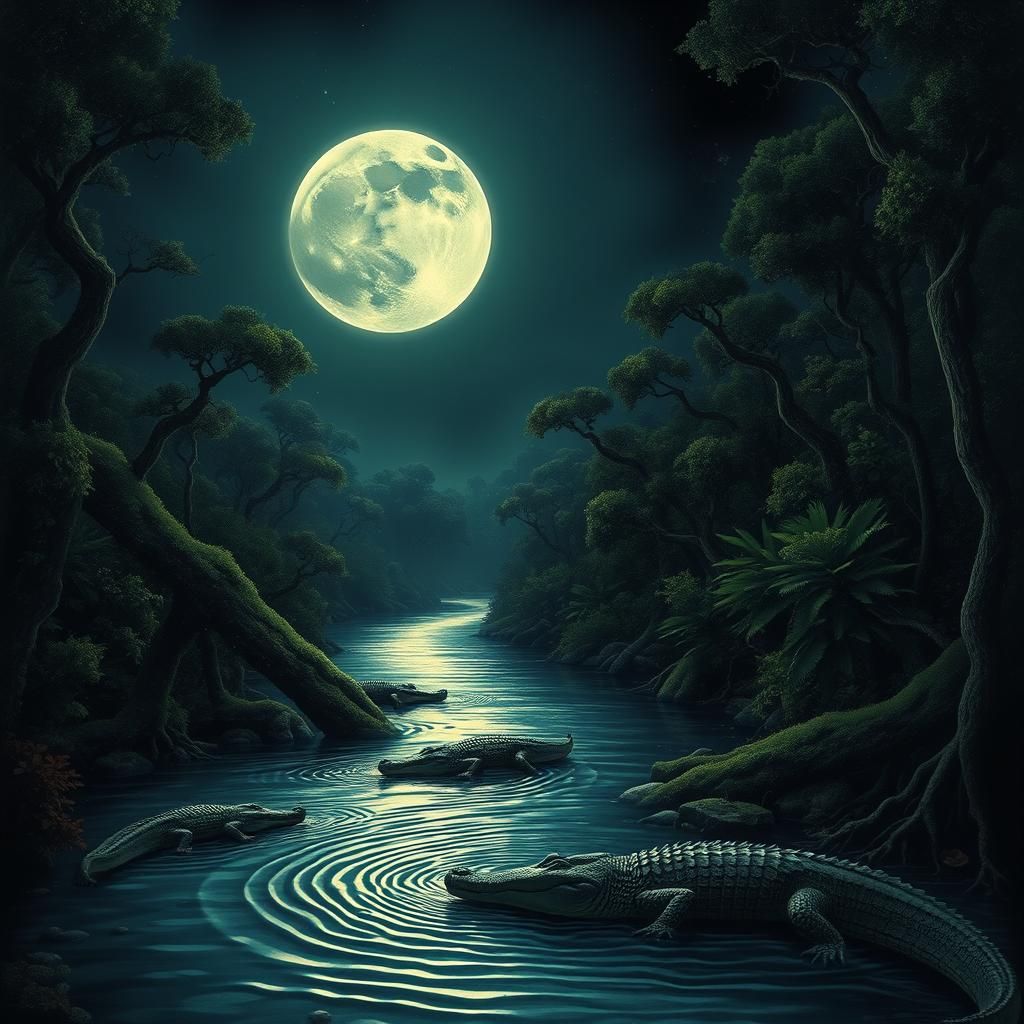 Mystical Moonlit River Scene in Mixed Media Style