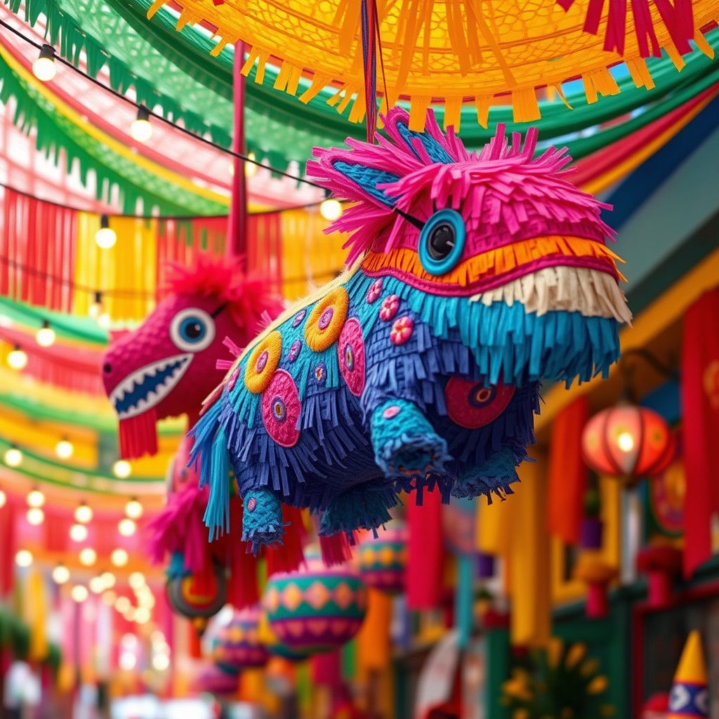Colorful Piñatas in Mexican Market, Folk-Art Style