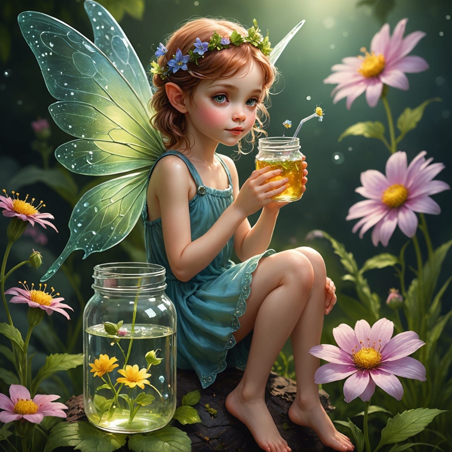 Whimsical Fairy Sipping Dew on Flower