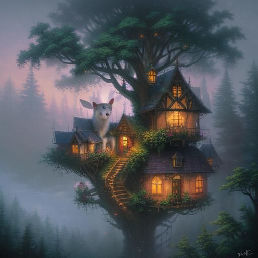 Ethereal Fantasy Possums in Misty Tree