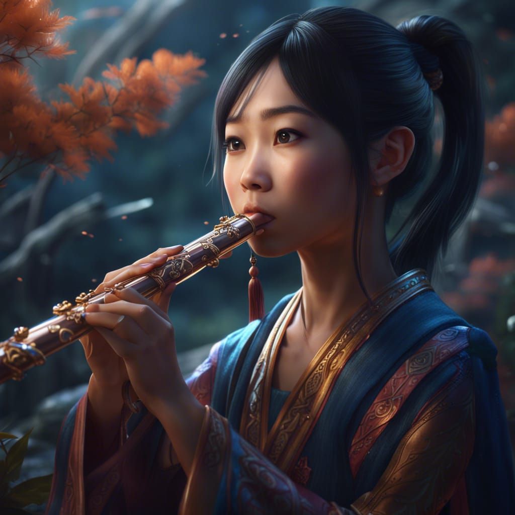 Asian Girl Playing Flute: Fantasy Concept Art