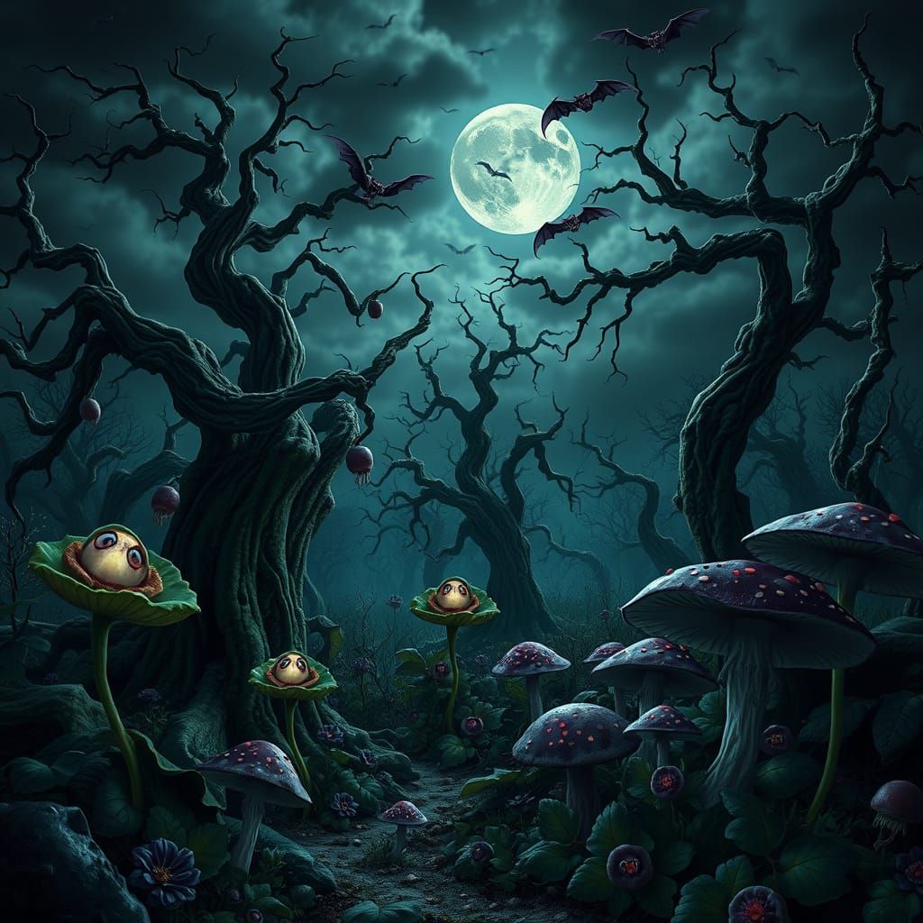 Eerie Garden with Twisted Trees and Eyeball Flowers
