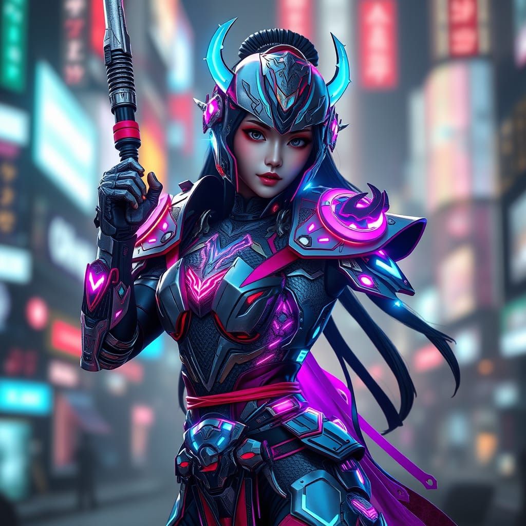 Ethereal Chinese Warrior in Cyberpunk Armor