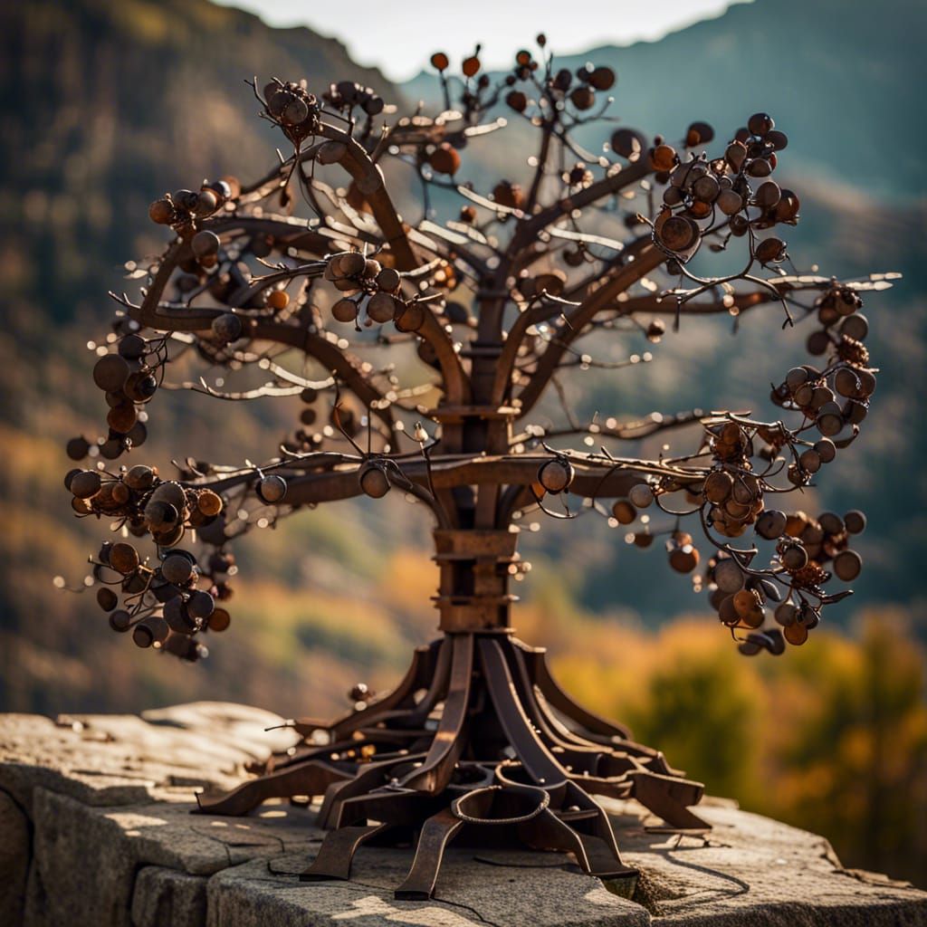 Intricate Metal Tree in Rocky Valley