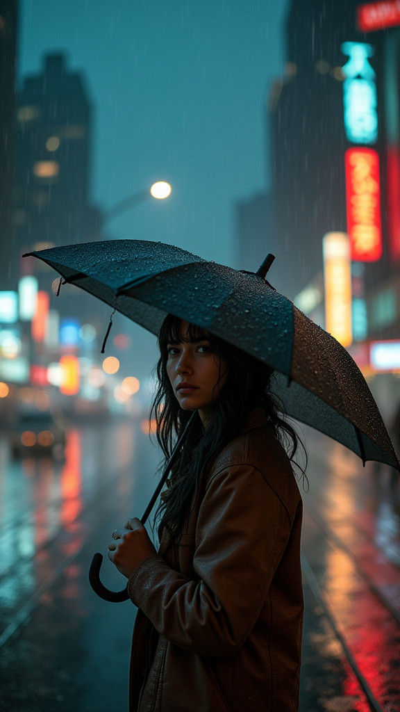 Rainy Cityscape at Night in Cyberpunk Style