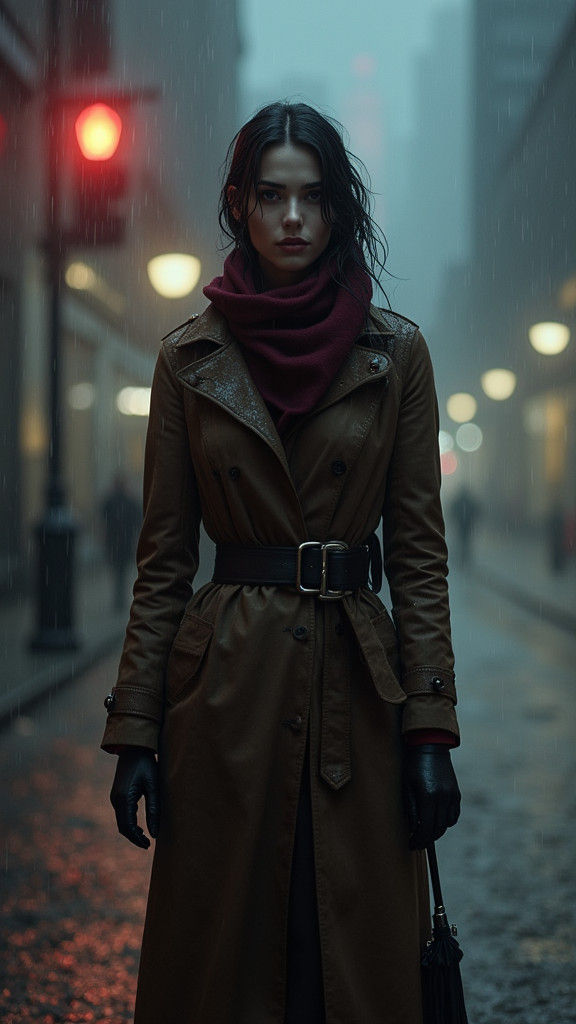 Cinematic Noir: Woman in Rainy Cityscape