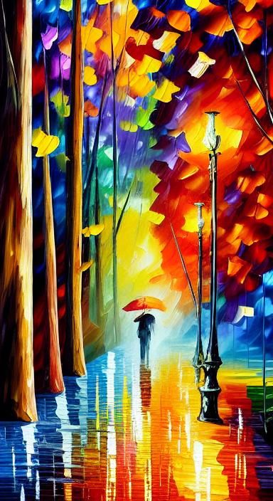 Rainy Autumn Night Park Scene: Impressionist Style