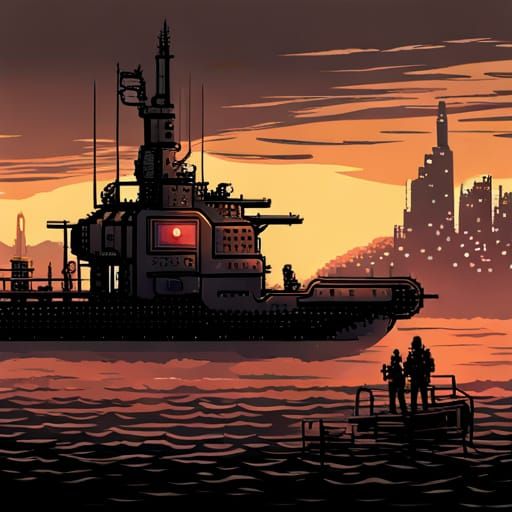 Dieselpunk Submarine Silhouettes in Pixel Art Style