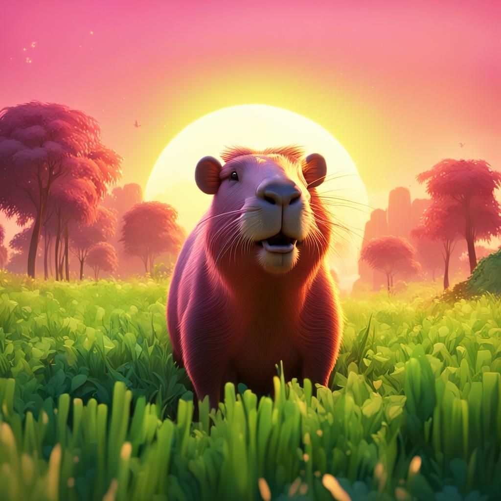 Pink Capybara Eats Grass at Sunrise: 3D Render