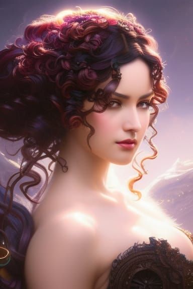Ethereal Curly Haired Woman, Hyperdetailed Fantasy Oil Paint...