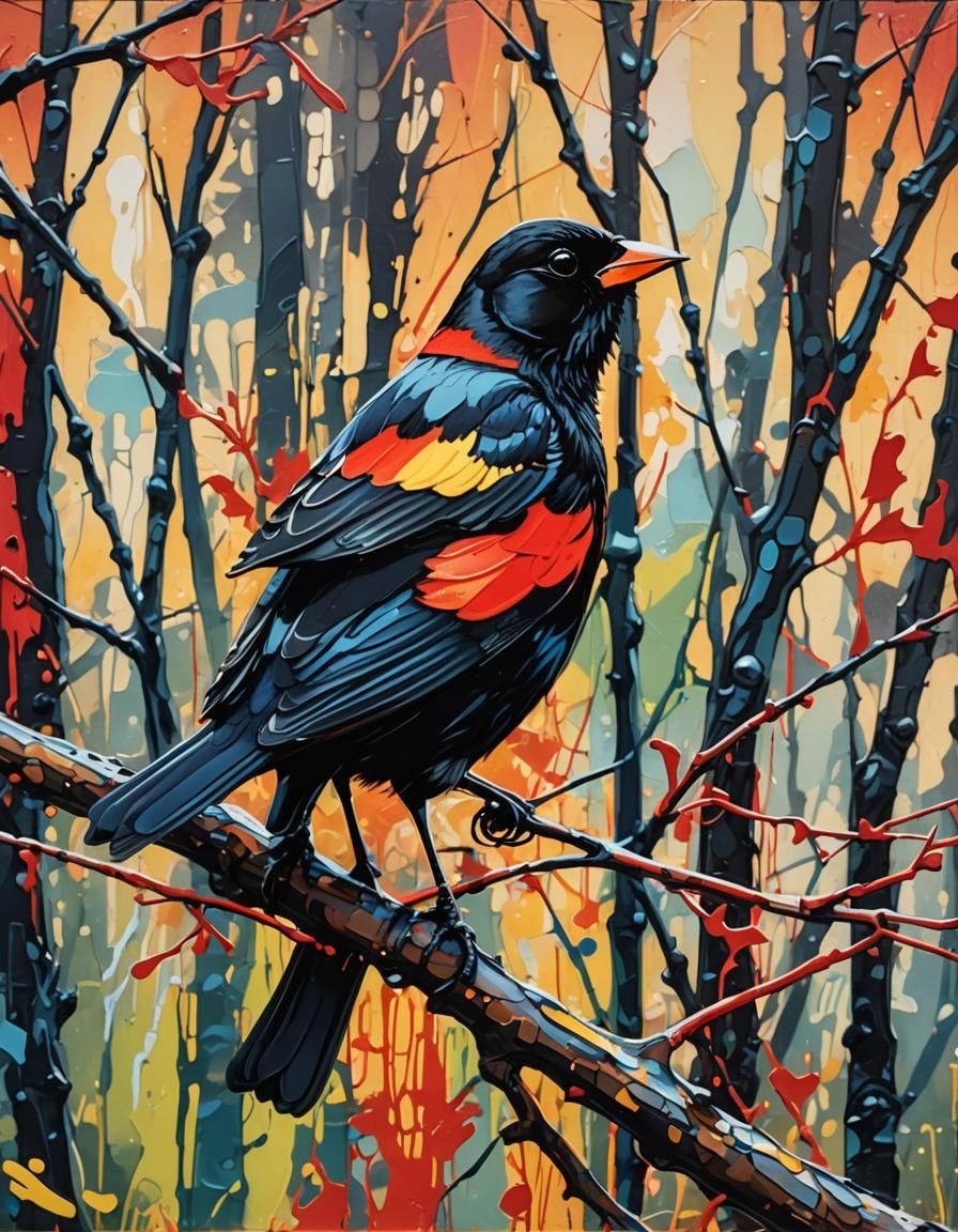 Red-winged Blackbird in Vibrant Street Art Style