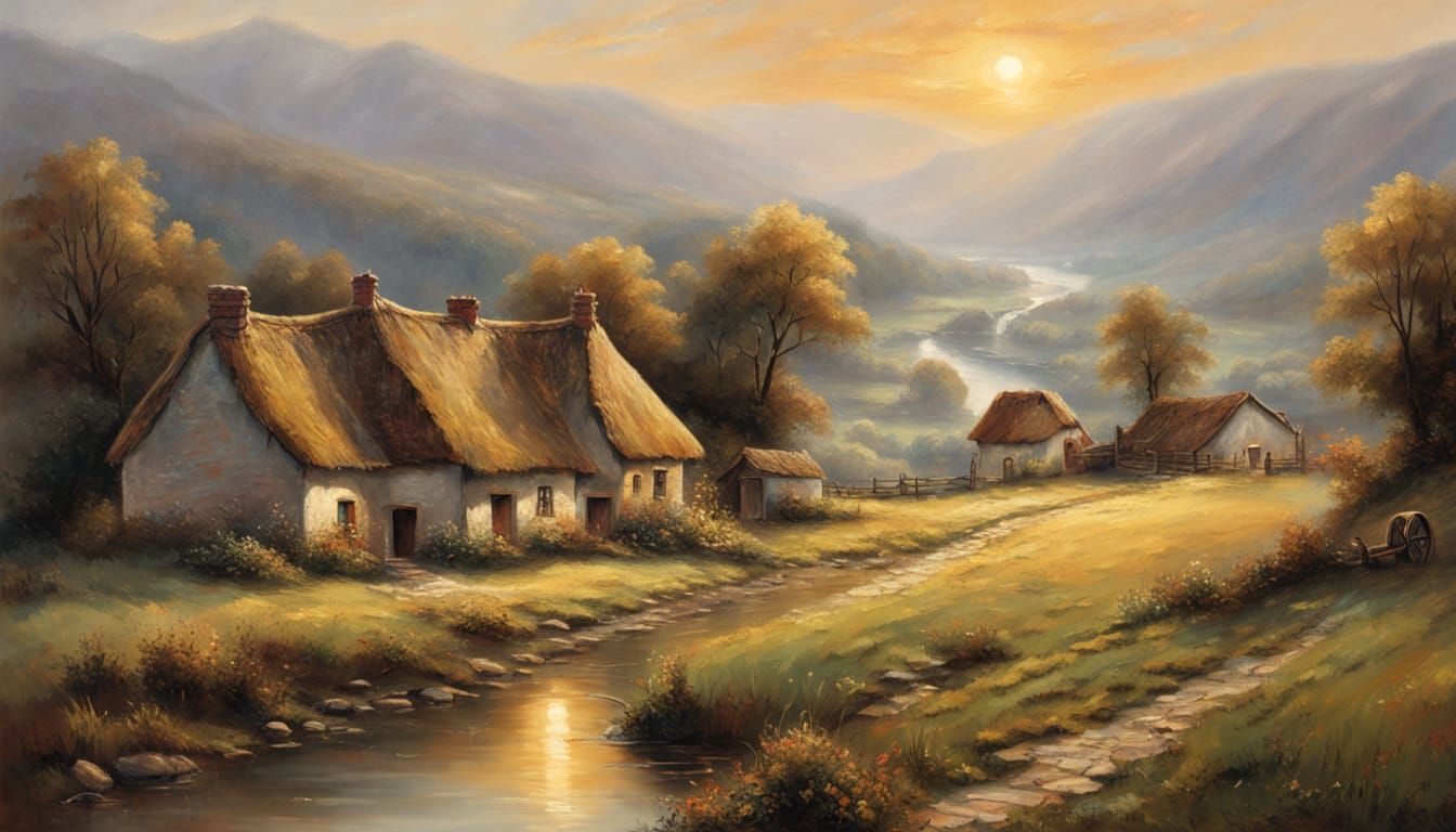 Rural Village Daybreak in Oil Painting Style