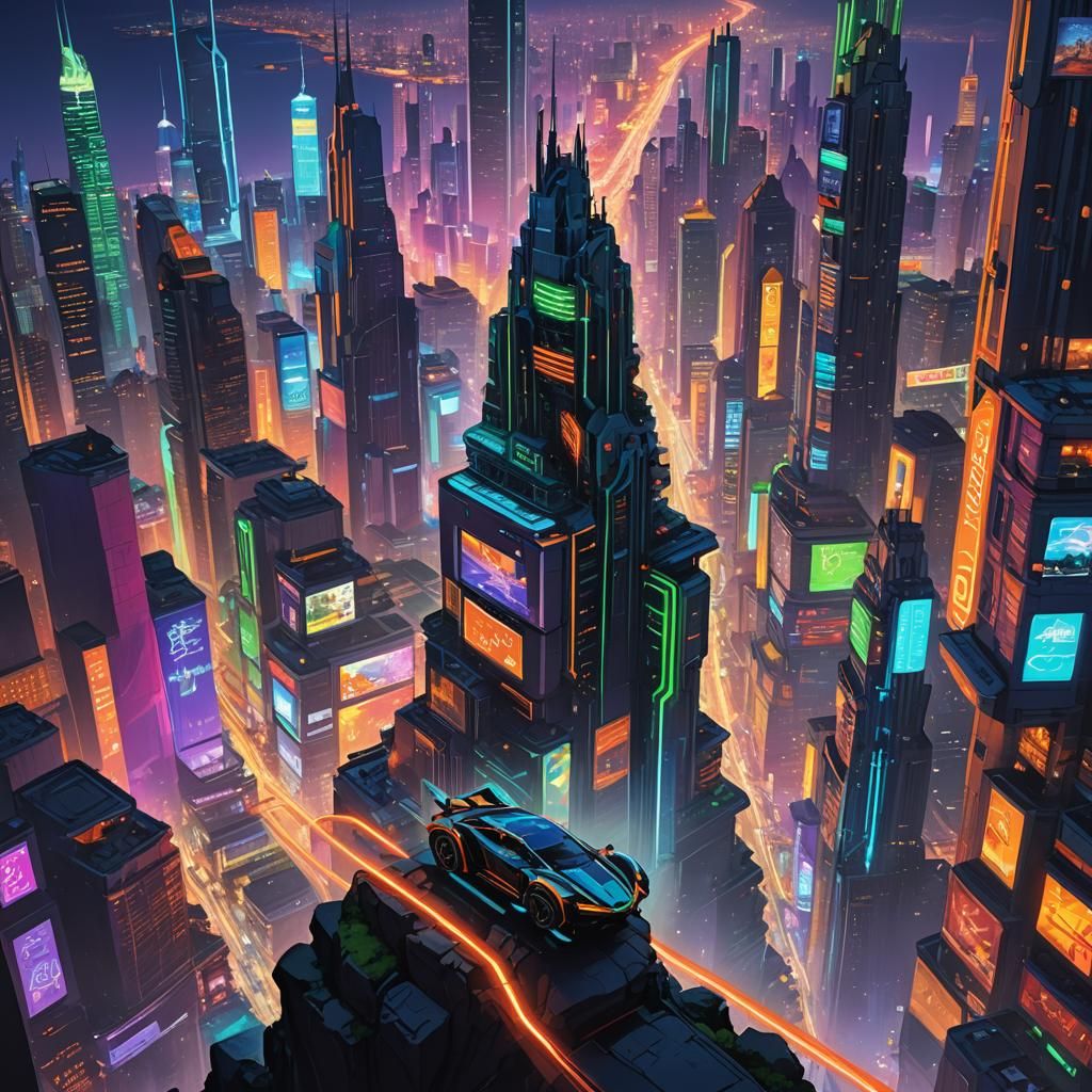 Futuristic Rat Overlooking Neon Metropolis