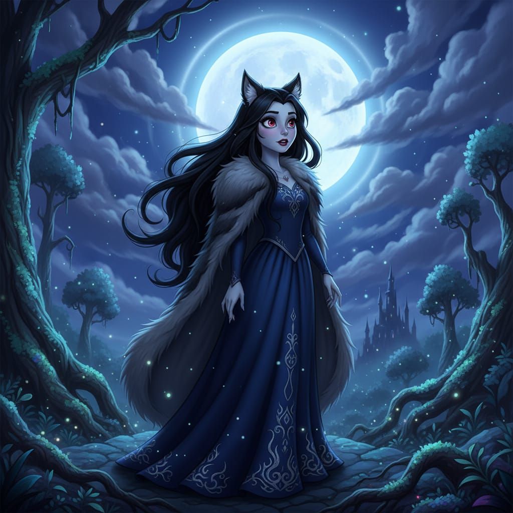 Vampire Girl Gazes at Full Moon in Disney Style