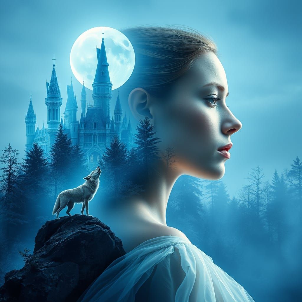 Serene Woman in a Blue Moonlit Fantasy