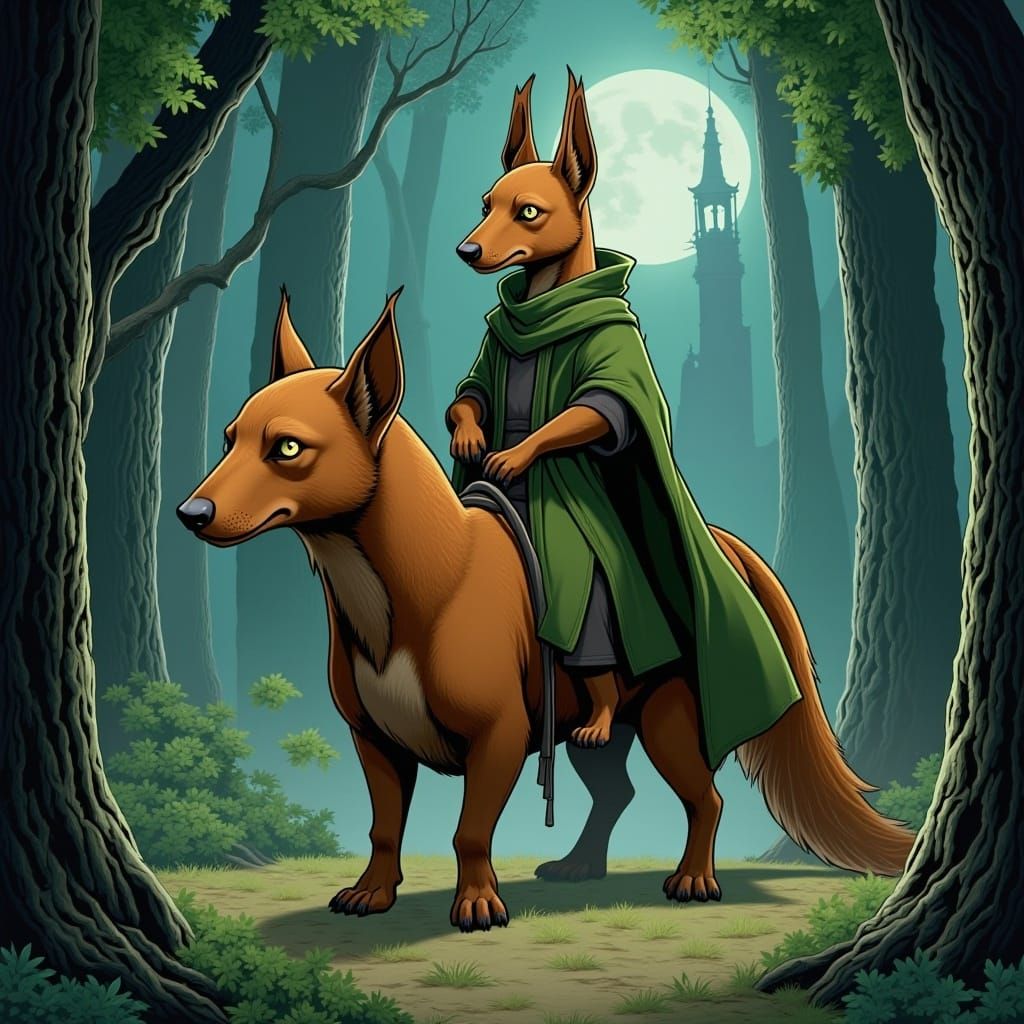 Squirrel Ninja on Dachshund Steed in Misty Ghibli Landscape