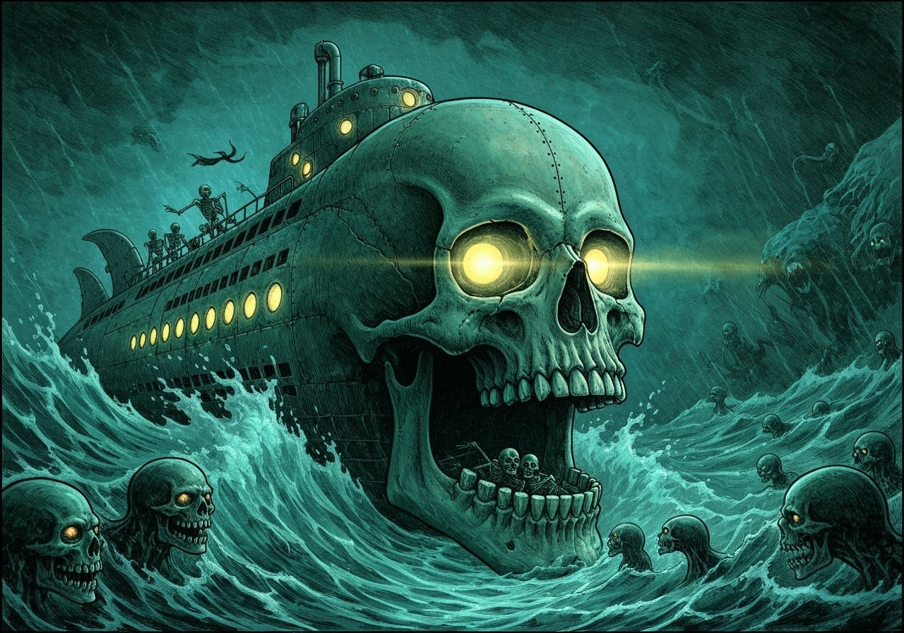 Skull Submarine Emerges from Stormy Sea in Woodcut Style
