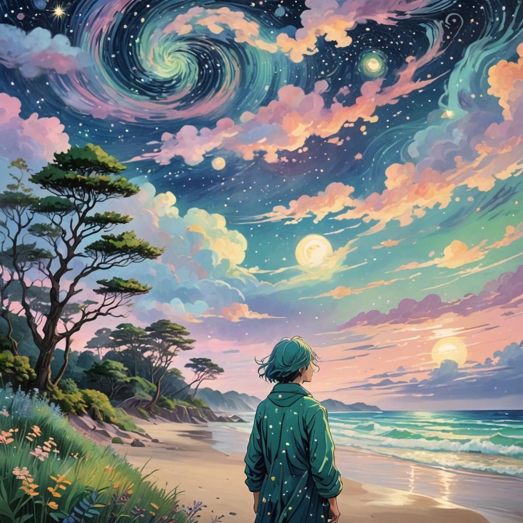 Dreamy Anime Beach Scene with Van Gogh Sky