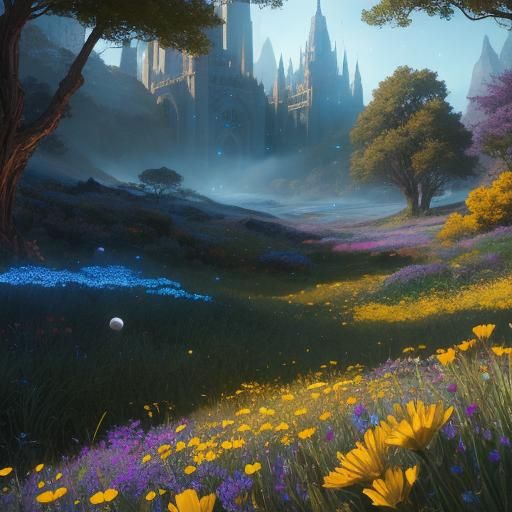 Orb in the meadow near fantasy city