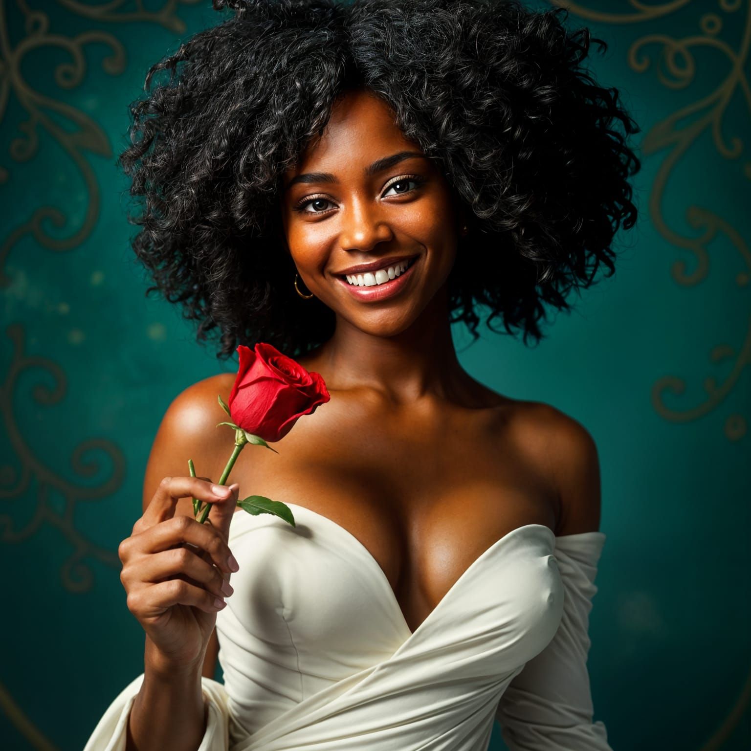 Beautiful Black Woman Holds Red Rose in Dynamic Portrait