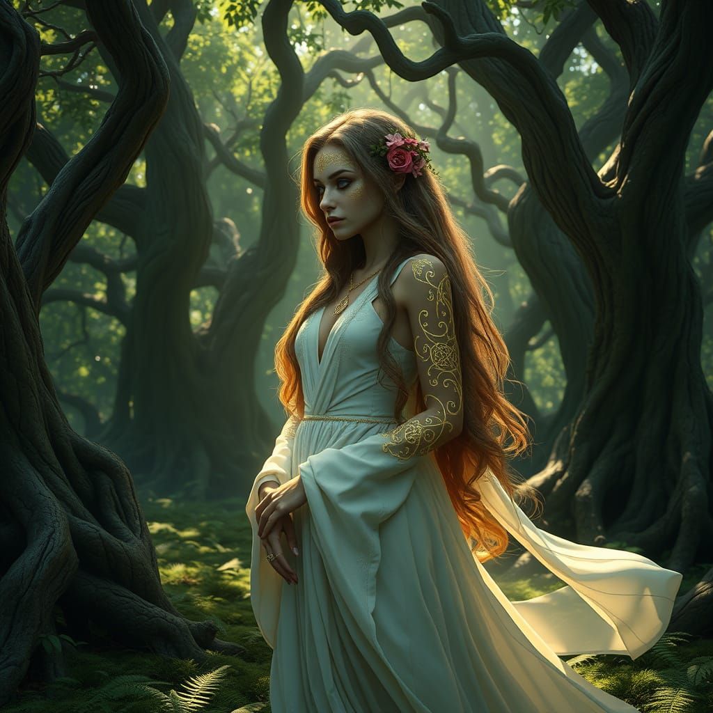 Ethereal Forest Witch in Celtic-Inspired Fantasy Art