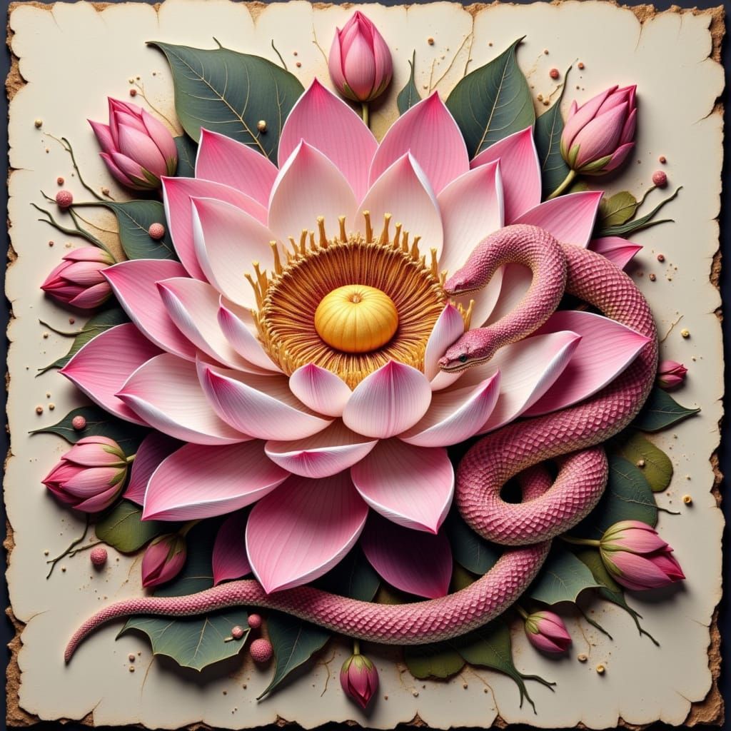 <lora:Light Effects:1.0> <lora:Earth and aura:1.0> <lora:Akimora:1.0> Pink snake curled around a lotus flower