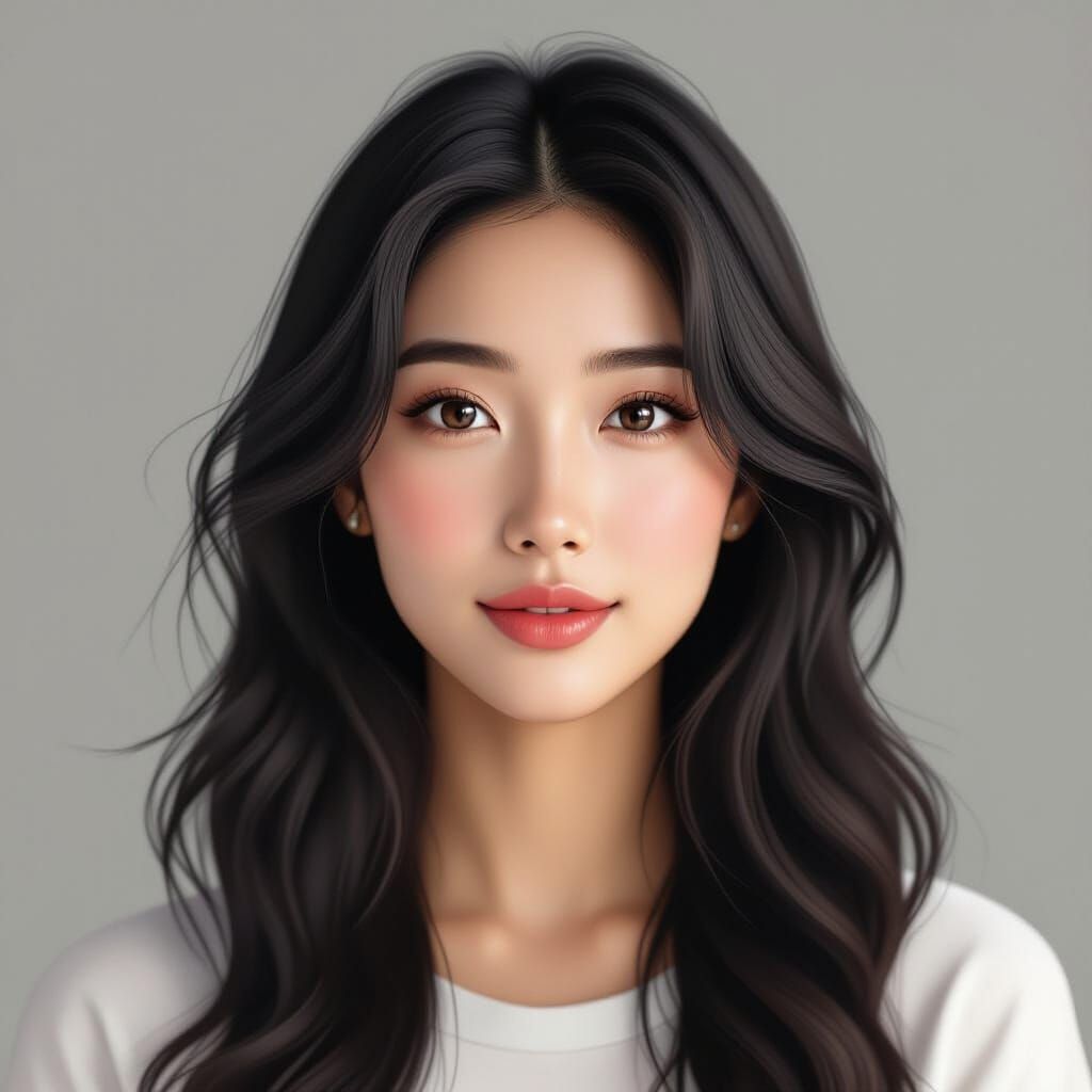Hyperrealistic Woman with Long Black Hair, Natural Features