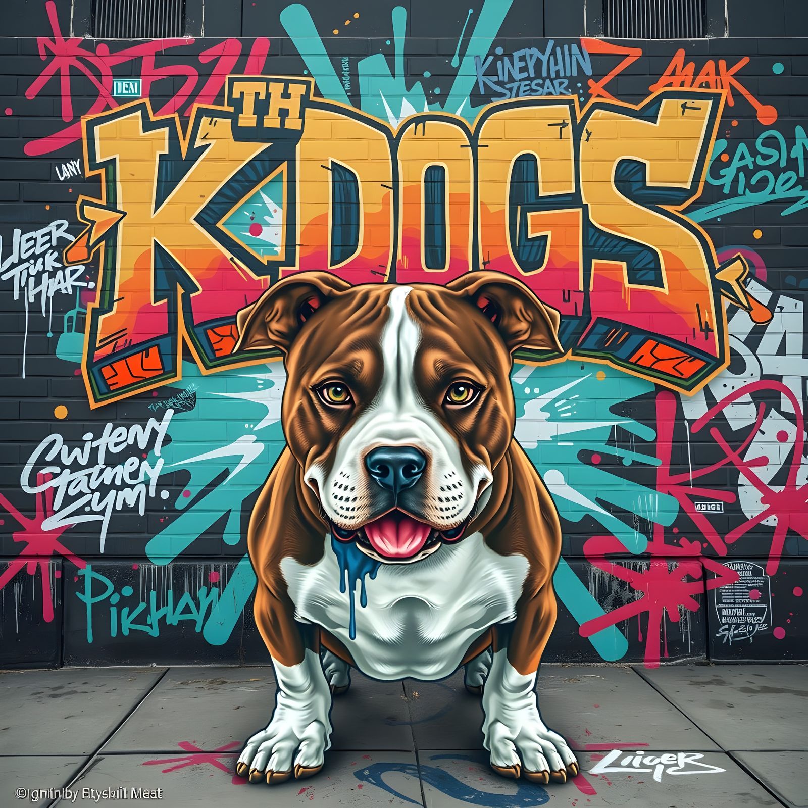 Vibrant Graffiti Pitbull Mural with "K Dogs" Text
