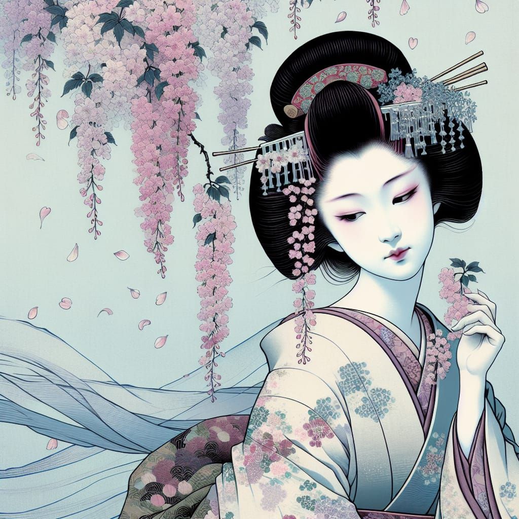 Geisha in Ukiyo-e Style Amidst Cherry Blossoms