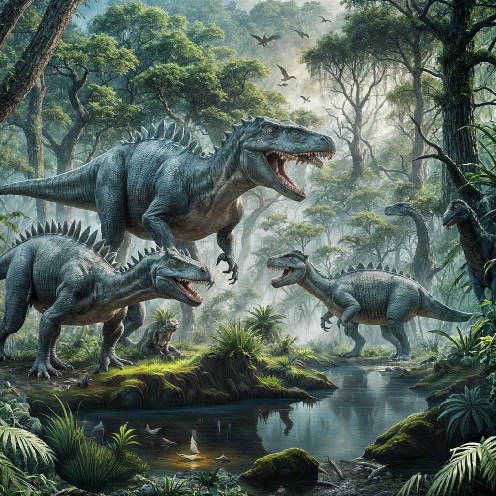 Realistic Dinosaurs Roaming Primeval Landscape