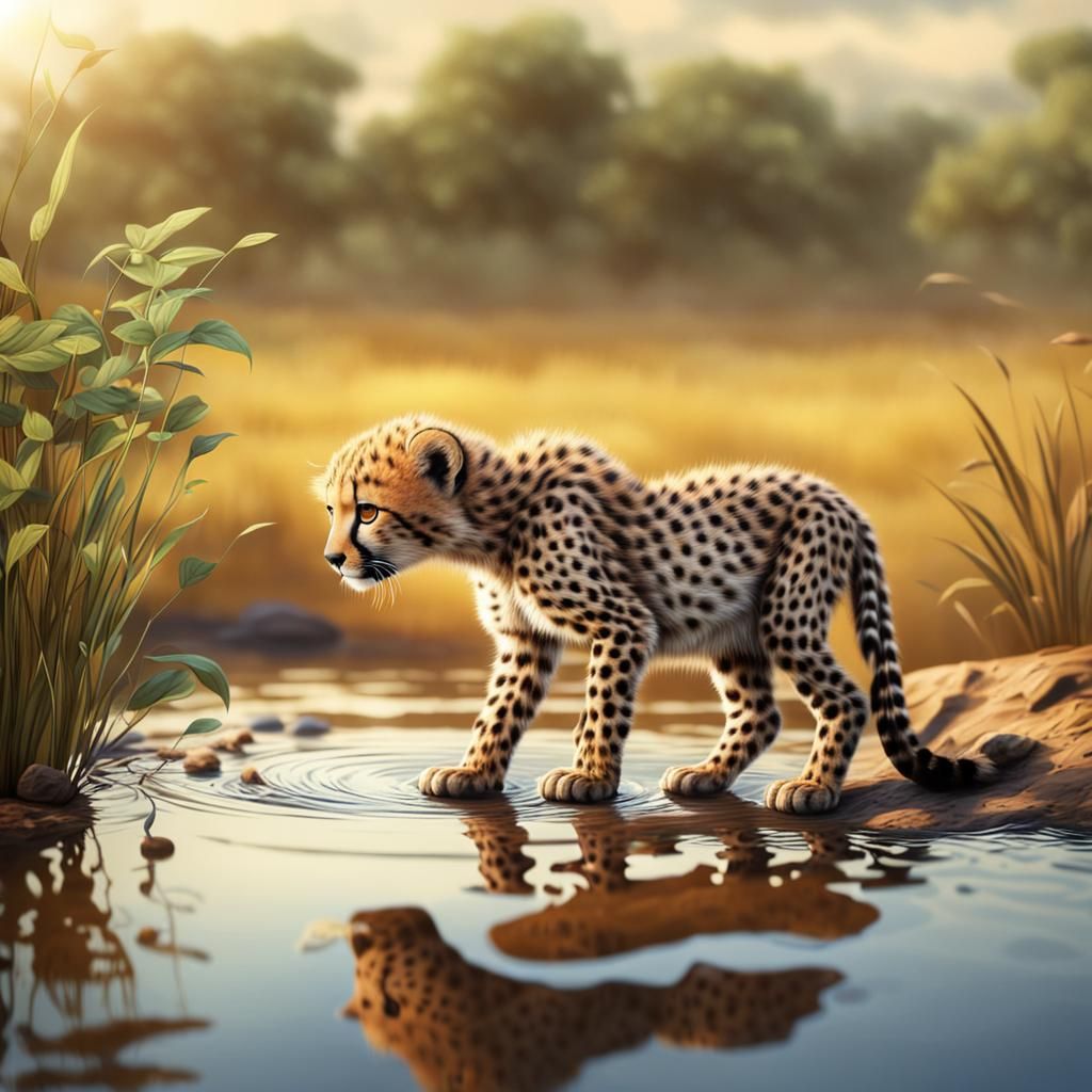 Cute Baby Cheetah Drinking in Savannah Pond