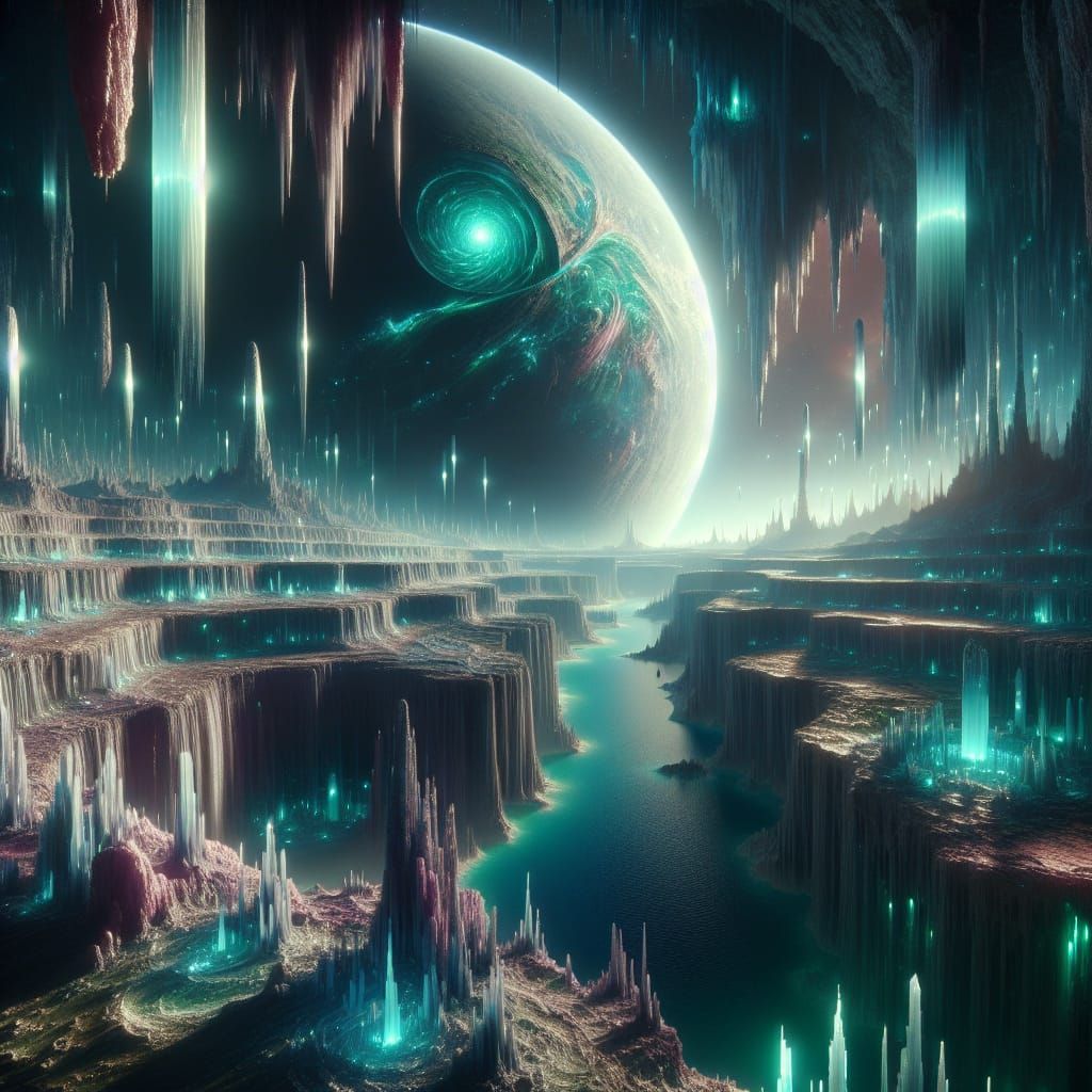 Luminous Cavern on Distant Exoplanet in 4K