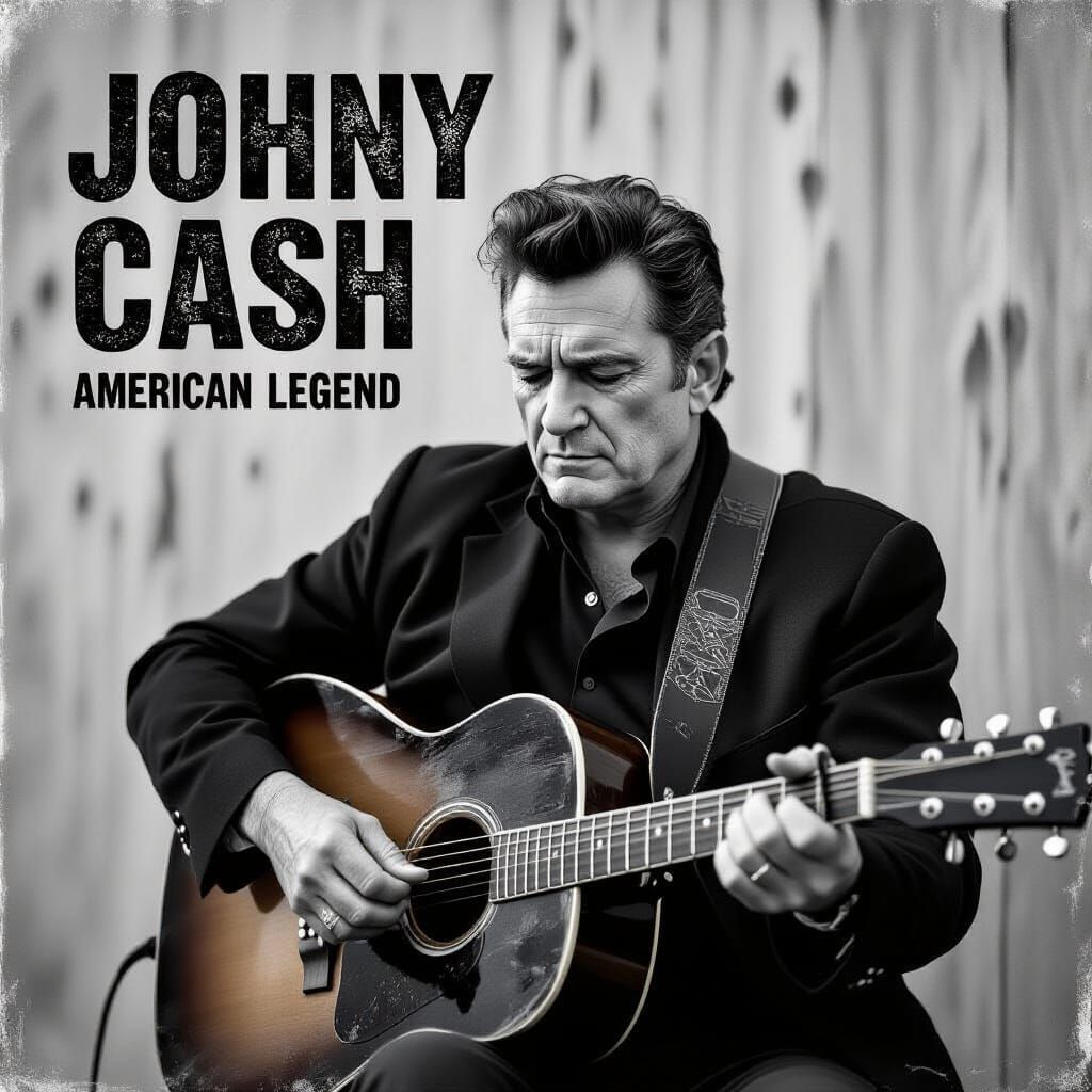 Johnny Cash Playing Guitar in Dramatic Black and White