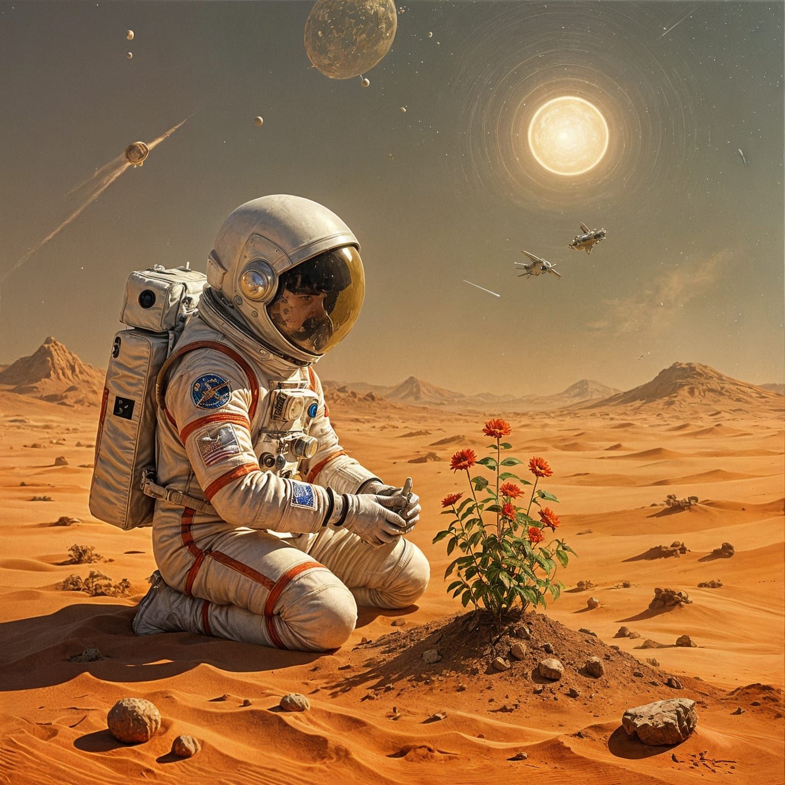 Astronaut Tends Garden on Barren Planet - Oil Painting